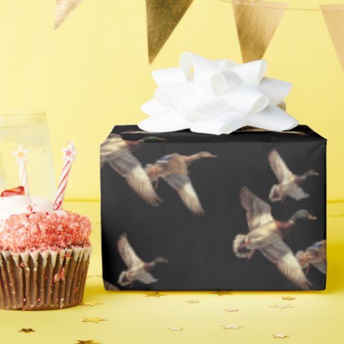 Flying Mallard Ducks On Black Wrapping Paper