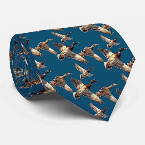 Flying Mallard Ducks On Blue Neck Tie