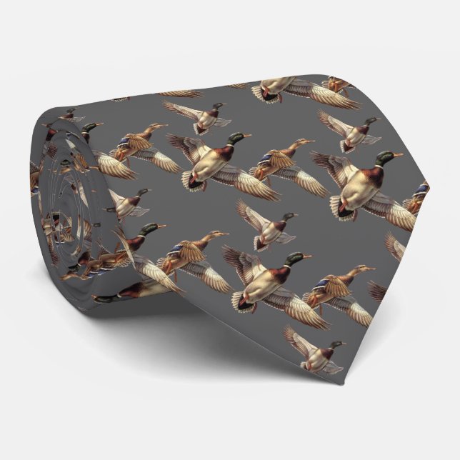 Flying Mallard Ducks On Gray Neck Tie (Rolled)