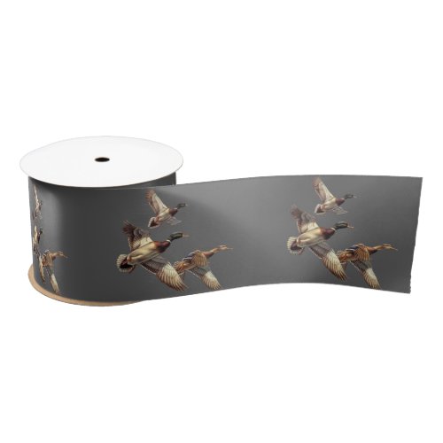 Flying Mallard Ducks On Gray Satin Ribbon