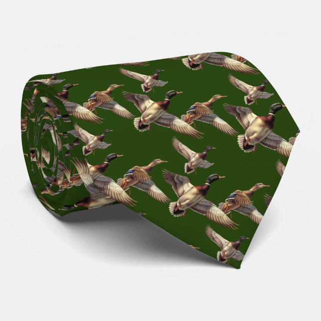 Flying Mallard Ducks On Green Neck Tie (Rolled)