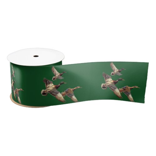 Flying Mallard Ducks On Green Satin Ribbon