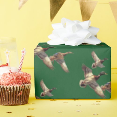 Flying Mallard Ducks On Green Wrapping Paper