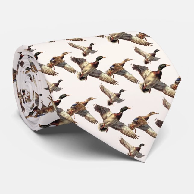 Flying Mallard Ducks On Ivory Neck Tie (Rolled)