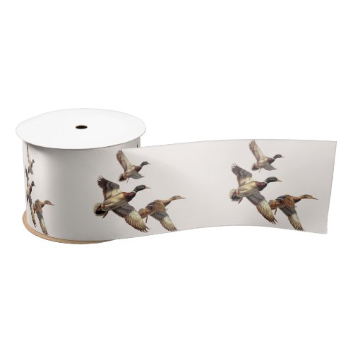 Flying Mallard Ducks On Ivory Satin Ribbon