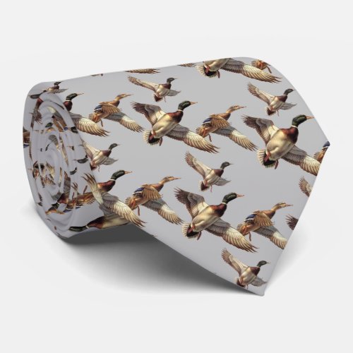 Flying Mallard Ducks On Light Gray Neck Tie