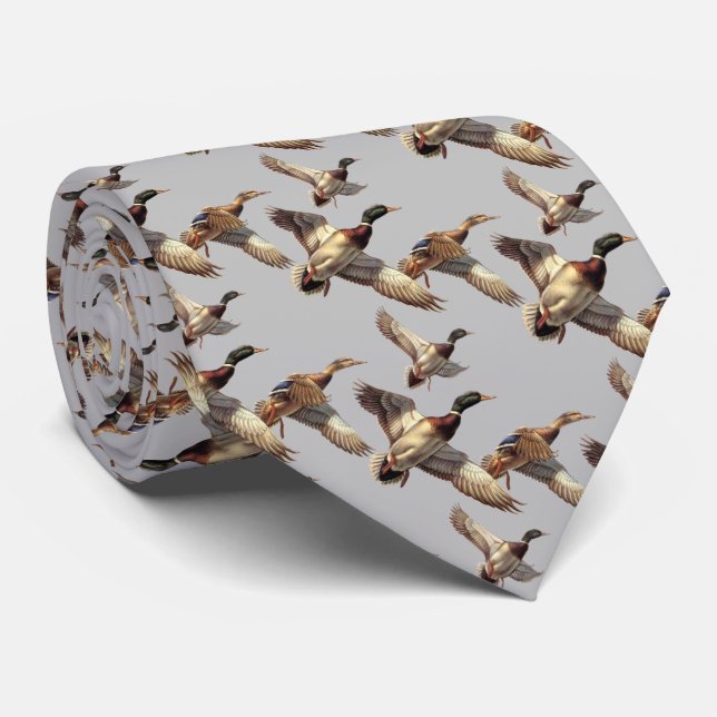 Flying Mallard Ducks On Light Gray Neck Tie (Rolled)