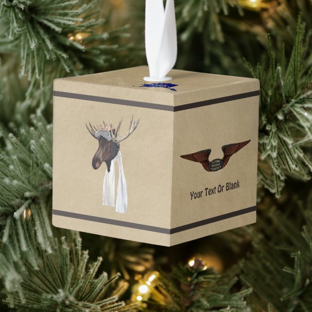 Flying Moose Aviation Pilot On Old Paper Cube Ornament (Tree)