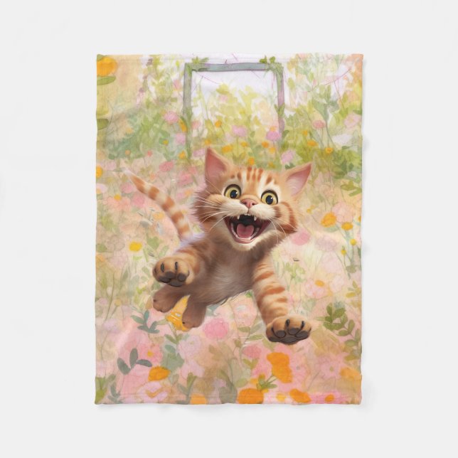 Flying Orange Tabby Cat In A Garden Fleece Blanket (Front)