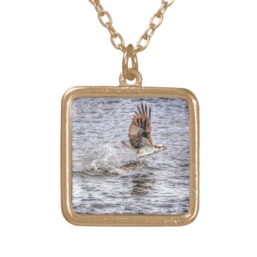 Flying Osprey  Fish HDR Wildlife Photo Gift Gold Plated Necklace