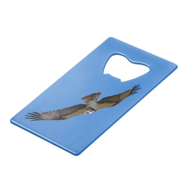 Flying osprey with a target in sight credit card bottle opener (Back Angled)