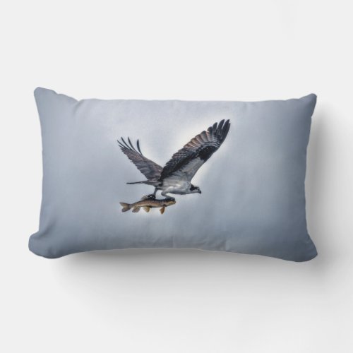 Flying Osprey with Walleye Fish HDR Photo Lumbar Pillow