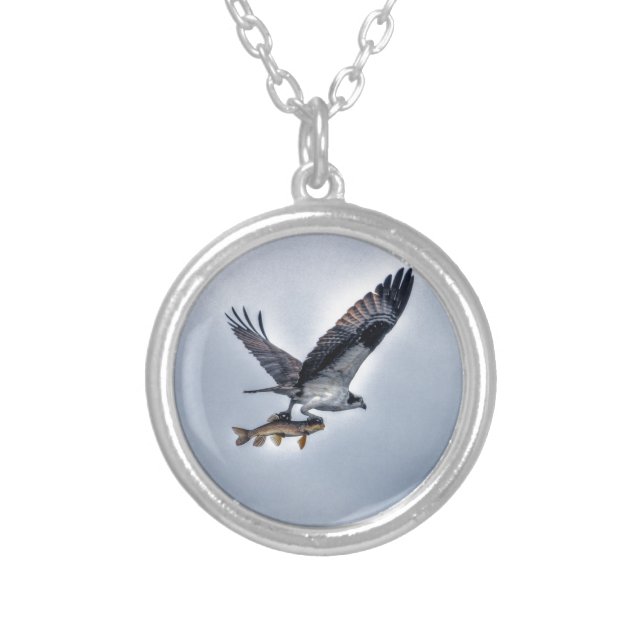 Flying Osprey with Walleye Fish HDR Photo Silver Plated Necklace (Front)
