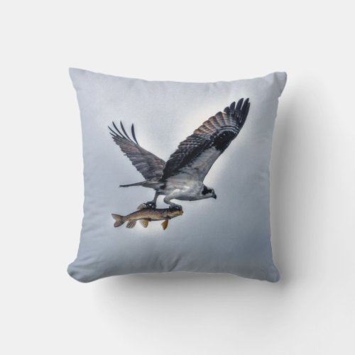 Flying Osprey with Walleye Fish HDR Photo Throw Pillow