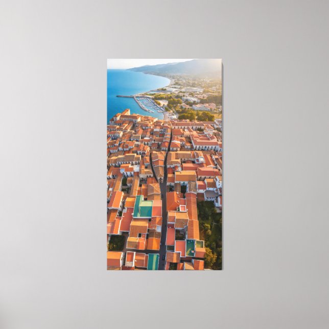 Flying over the rooftops of the town canvas print (Front)