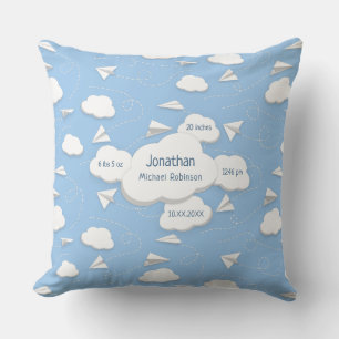 flying paper airplanes clouds baby birth stats throw pillow
