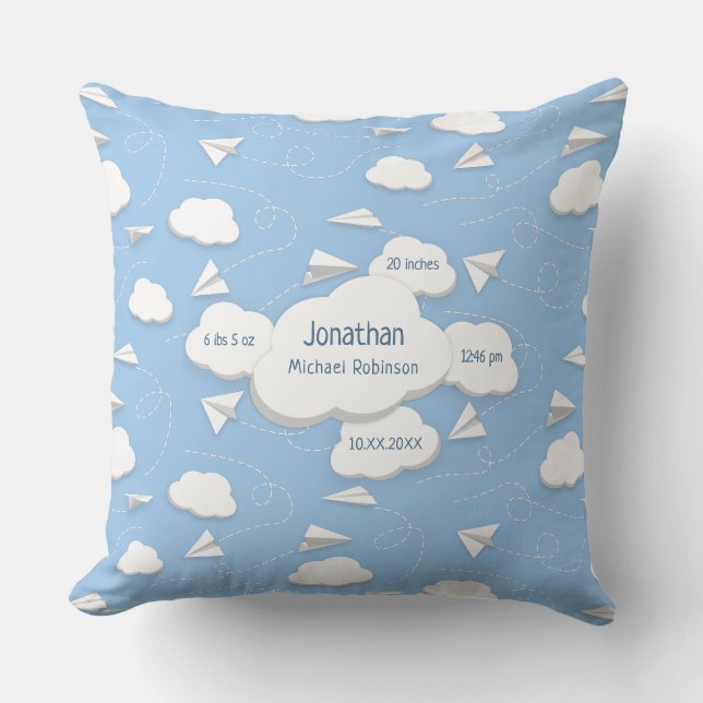 flying paper airplanes clouds baby birth stats throw pillow (Front)