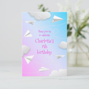 flying paper airplanes girls pink blue birthday announcement