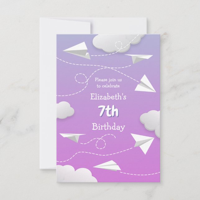 flying paper airplanes girly pink purple birthday announcement (Front)