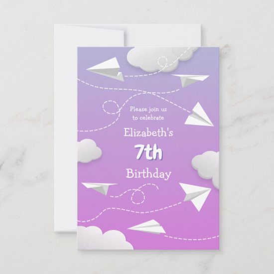flying paper airplanes girly pink purple birthday announcement