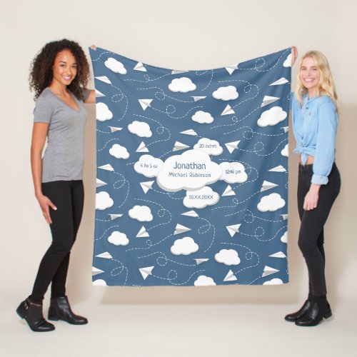 flying paper airplanes w puffy clouds slate blue fleece blanket