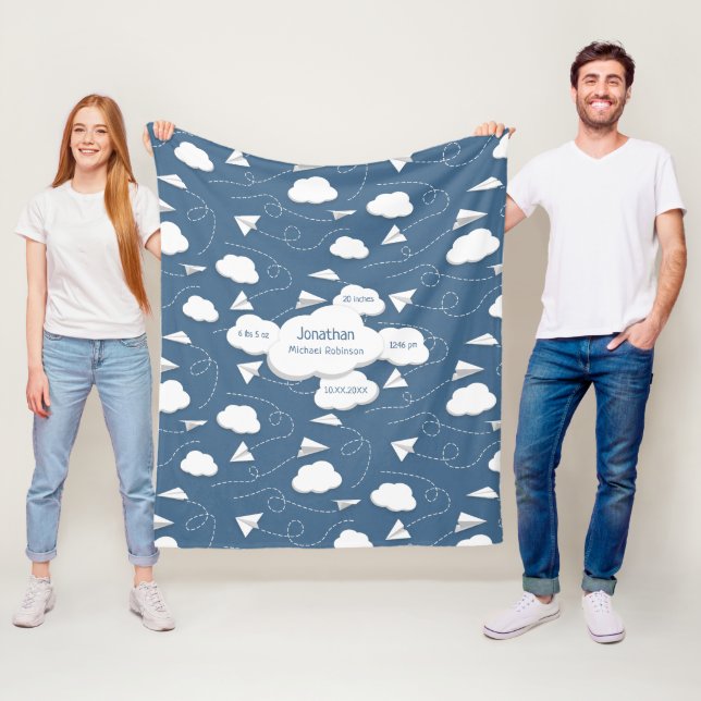 flying paper airplanes w puffy clouds slate blue fleece blanket (In Situ)