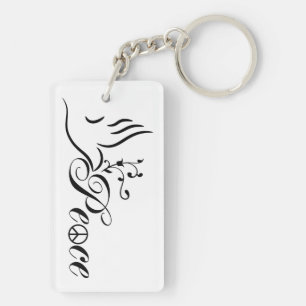 Flying Peace Dove Olive Branch White Background Keychain