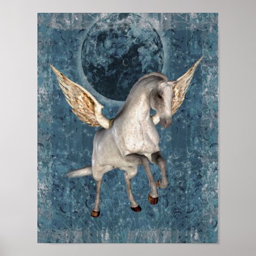 Flying Pegasus Blue Moon Fantasy Horse Art Poster