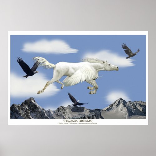 Flying Pegasus in the Eagle Mountains Fantasy Art Poster