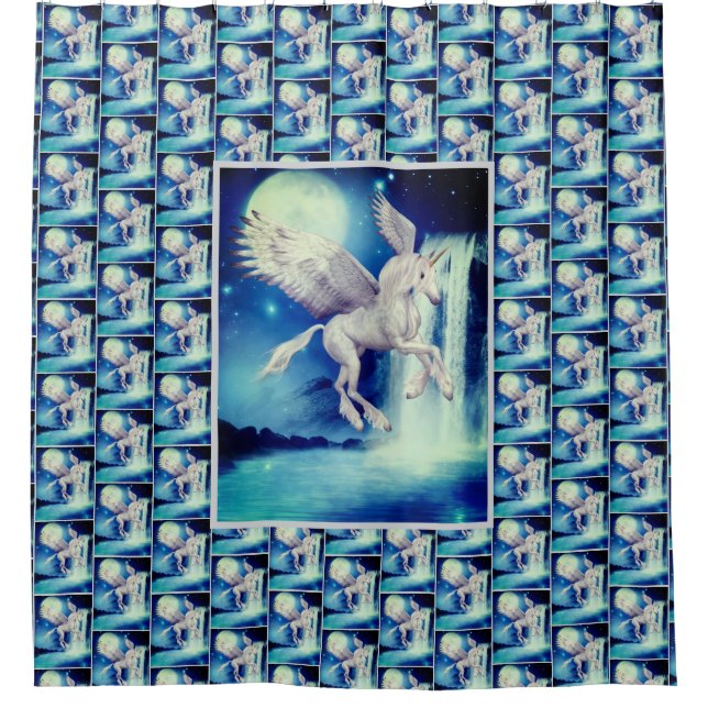 Flying Pegasus Unicorn Waterfall Fantasy Art Shower Curtain (Front)