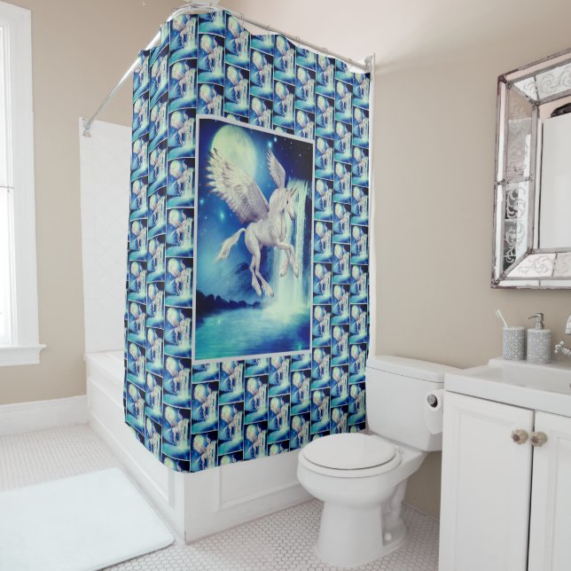 Flying Pegasus Unicorn Waterfall    Shower Curtain (In Situ)