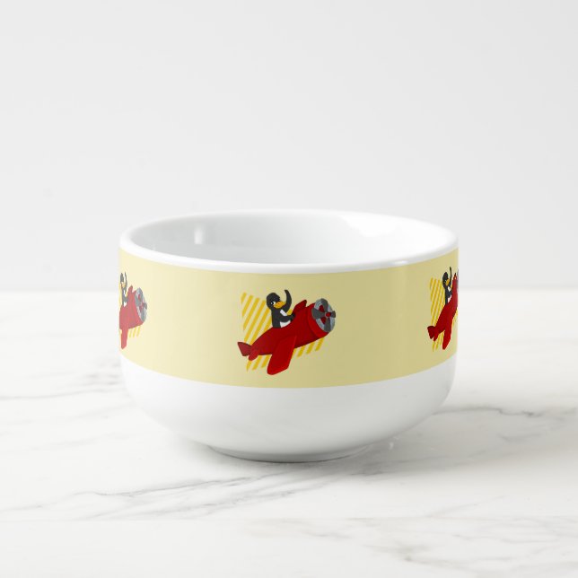 Flying penguin cartoon soup mug (Front)