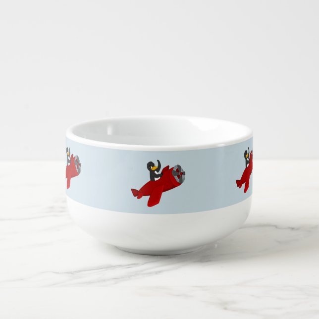 Flying penguin cartoon soup mug (Front)