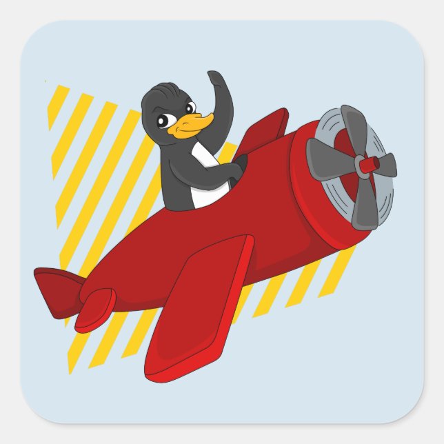 Flying penguing cartoon square sticker (Front)