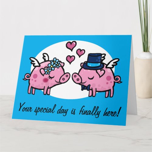 Flying Pig Bride and Groom customizable Greeting C Card
