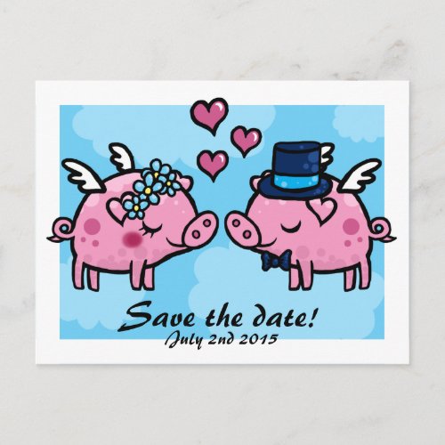 Flying Pig Bride and Groom save the date postcard