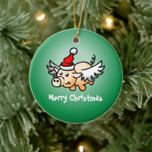 Flying Pig Christmas Ceramic Ornament