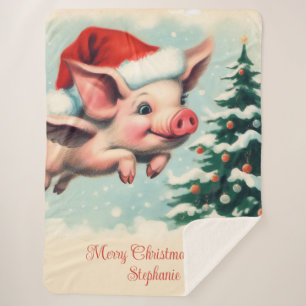 Flying Pig Christmas Sherpa Blanket