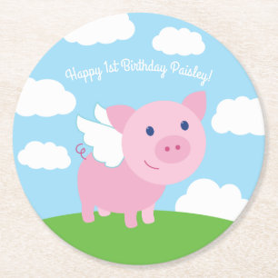 Flying Pig Cute Kid's Birthday Party Round Paper Coaster