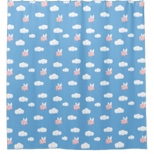 Flying Pig Cute Piglet with Wings on Blue Pattern Shower Curtain