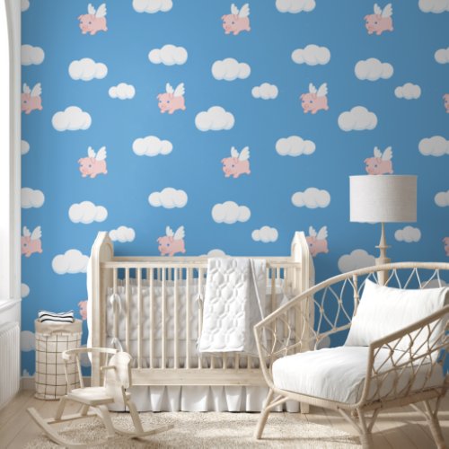 Flying Pig Cute Piglet with Wings on Blue Pattern Wallpaper