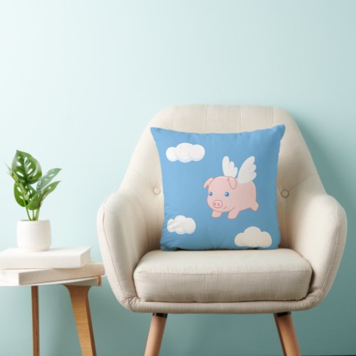Flying Pig _ Cute Piglet with Wings Throw Pillow