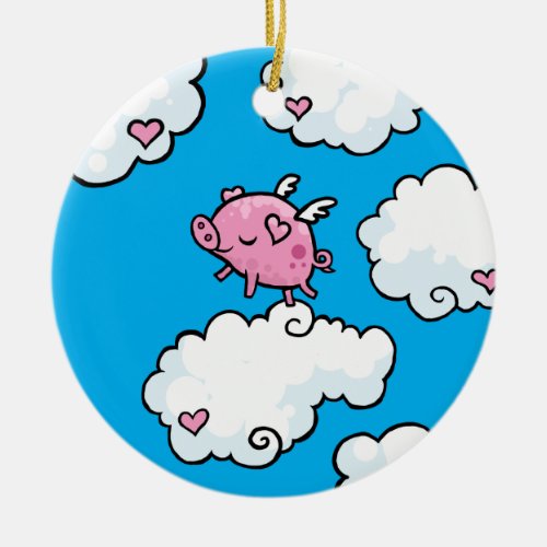 Flying pig dances on clouds ceramic ornament