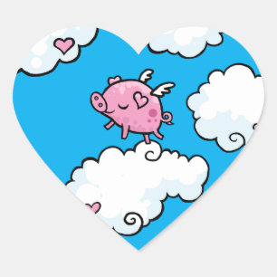 Flying pig dances on clouds heart sticker