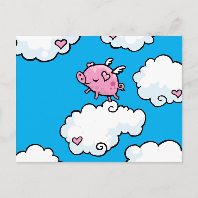 Flying pig dances on clouds postcard (Front)