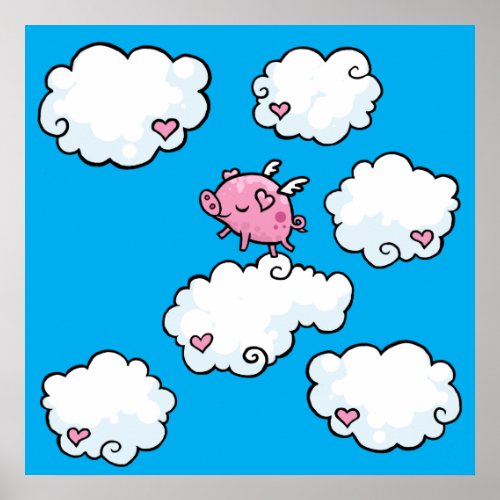 Flying pig dances on clouds poster