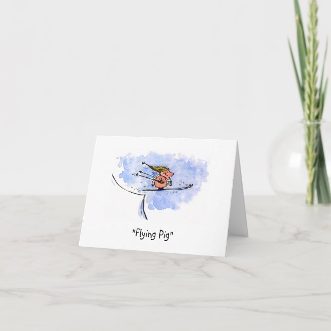 "Flying Pig" Funny Ski Jump Pig Athlete Holiday Card (Front)