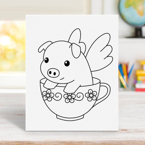 Flying Pig in a Teacup Coloring Page Poster