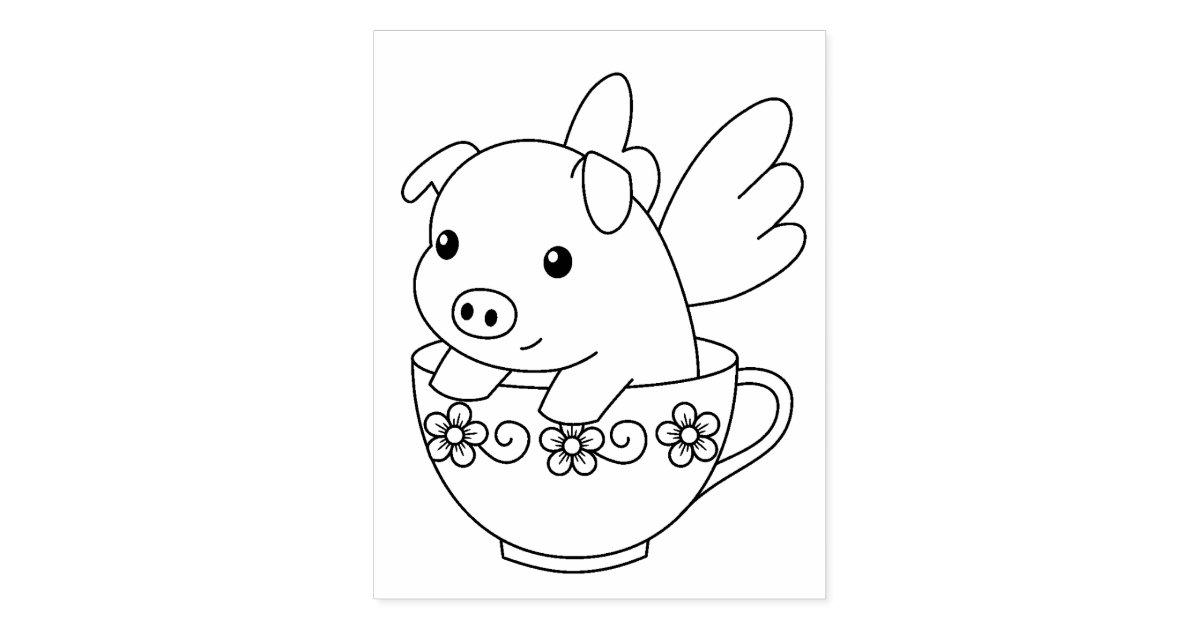 Flying Pig in a Teacup Coloring Page Rubber Stamp | Zazzle.com