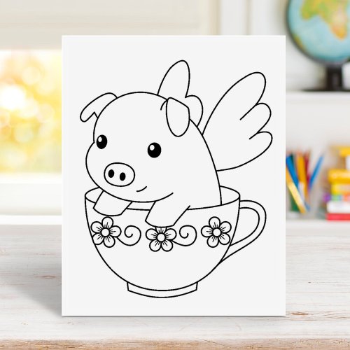 Flying Pig in a Teacup Coloring Page Rubber Stamp